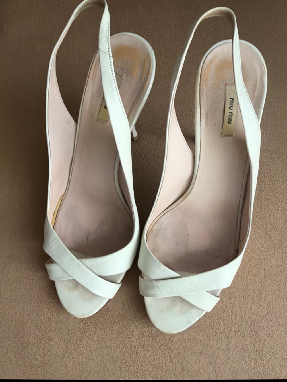 Miu Miu Ivory Crisscross Slingback Peep-Toe Heels